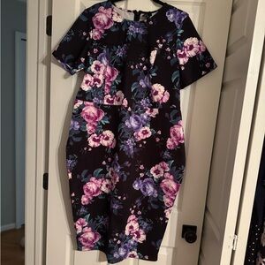 ASOS Curve Floral Blue Pink Midi Dress Short Sleeve Size 18
